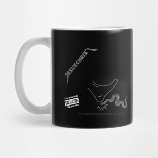 Jesus Christ, black cover crushing the snake's head, grey text Mug